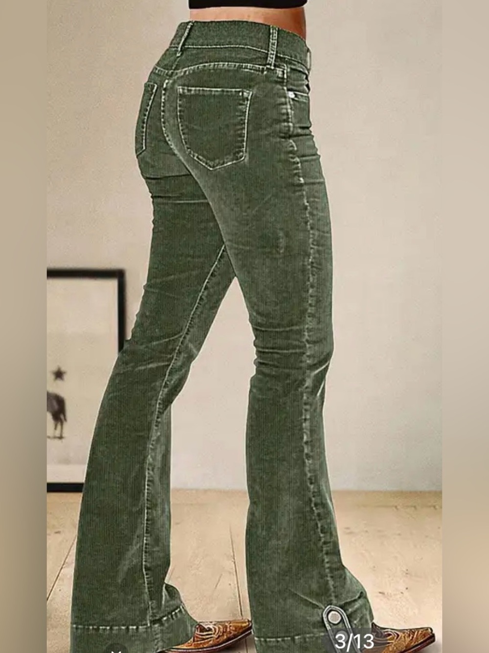 Flamingals Button Side Mid Rise Olive Green Corduroy Flared Pants